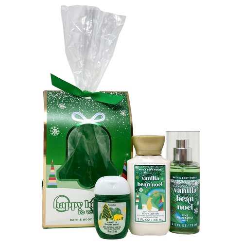 Bath and Body Vanilla Bean Noel Happy Holidays To You Mini Gift Set Bag - Fragrance Mist - Body Lotion and a Hand Gel Arranged Inside a Small Festive Gift Bag