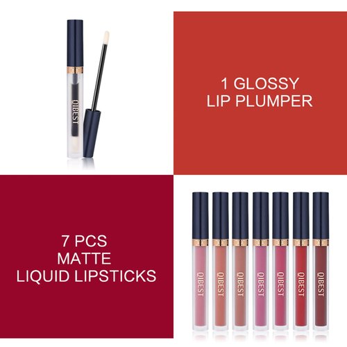 QiBest 7Pcs Matte Liquid Lipstick + 1Pcs Lip Plumper Makeup Set Kit, Pigmented Long Lasting Lip Gloss Set, Velvet Waterproof Halloween Lip Makeup Valentine's Day Gift Sets for Girls and Women