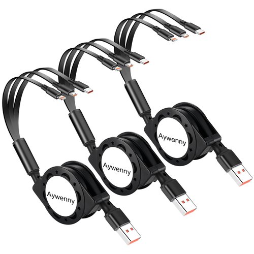 Aywenny [2024 Upgraded 3 Pack Multi Retractable Charging Cable, 3 in 1 USB Charging Cable with USB C/Micro USB/Phone Port, 3.3FT Charging Cable for Phone 15 14 13 12 11 XS XR X 8 7 6 SE,Galaxy (3)