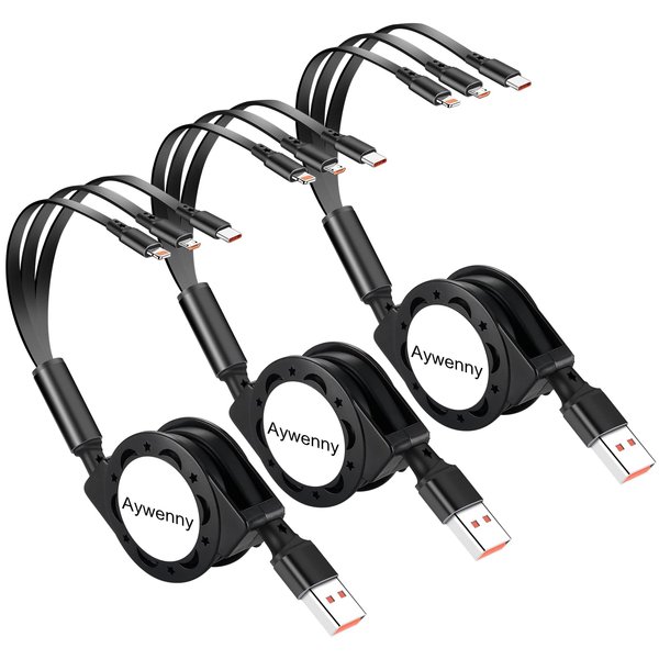 Aywenny [2024 Upgraded 3 Pack Multi Retractable Charging Cable, 3 in 1 USB Charging Cable with USB C/Micro USB/Phone Port, 3.3FT Charging Cable for Phone 15 14 13 12 11 XS XR X 8 7 6 SE,Galaxy (3)