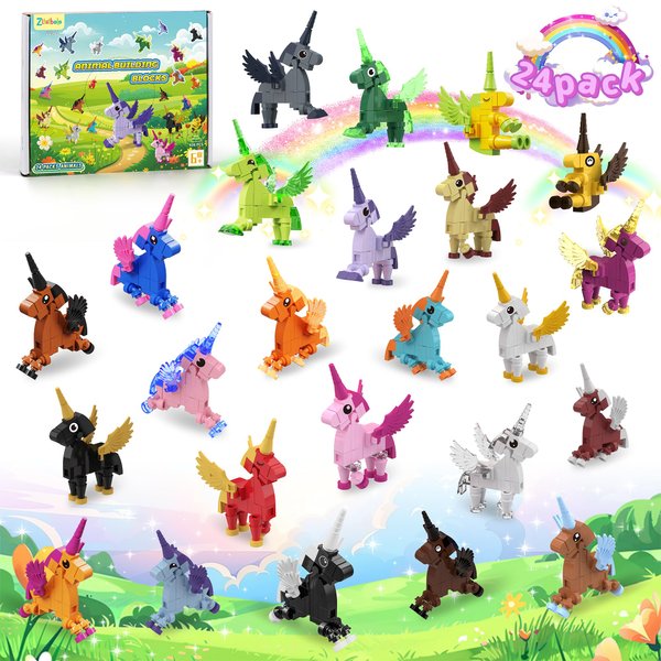Zitetbolo 24 Packs Unicorn Party Favors for Kids - 936 PCS Mini Animals Building Block Toy Set Stocking Stuffers Classroom Prizes Goodie Bags, Easter Christmas Birthday Gifts for Boys Girls Ages 6-12+