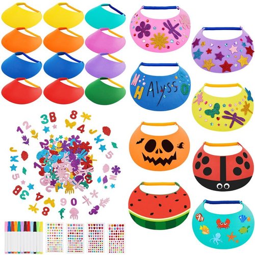 Outus 12 Pcs Foam Visors for Kids Include Assorted Color Sun Visor Foam Hats DIY Crafts Sports Supplies, Stickers and Markers (Fresh Color)