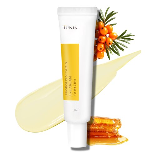 IUNIK Propolis Vitamin C Face & Eye Cream with Vegetable Oil, Idebenone 1.01 Fl Oz Dullness Dark Circles Puffiness Smooths Under Eyes 24 Hour Hydration For Sensitive Oily Acne-prone skin VEGAN