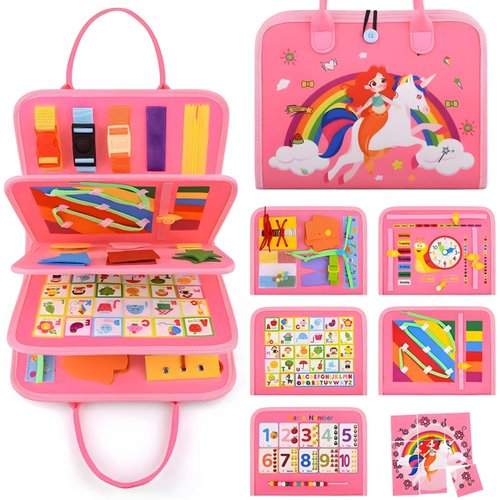 Busy Board for Toddler Girls 1 2 3 4 Montessori Busy Book Sensory Learning Toys for Girl and Boys Preschool Toys Birthday Gift (Pink)