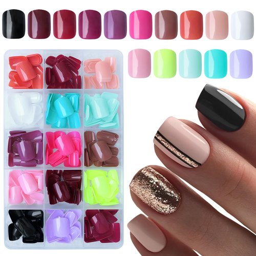 LuckForever 360pc Round Square Short Press on Nails Kids Fake Nails Press ons Square Nail Full Cover Colored Acrylic False Nail Tips Press Nail Short with Nail File Glue Adhesive Tabs for Women Girls