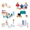 OOOK Wooden Dollhouse Furniture Set for Kids, 26 Pcs Dollhouse Accessories with 4 Family Dolls and Dog, Miniature Doll House Furniture Toys Pretend Play Set for G irls Boys Age 3+