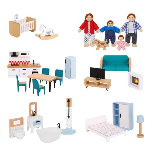 OOOK Wooden Dollhouse Furniture Set for Kids, 26 Pcs Dollhouse Accessories with 4 Family Dolls and Dog, Miniature Doll House Furniture Toys Pretend Play Set for G irls Boys Age 3+