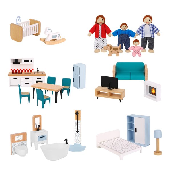 OOOK Wooden Dollhouse Furniture Set for Kids, 26 Pcs Dollhouse Accessories with 4 Family Dolls and Dog, Miniature Doll House Furniture Toys Pretend Play Set for G irls Boys Age 3+