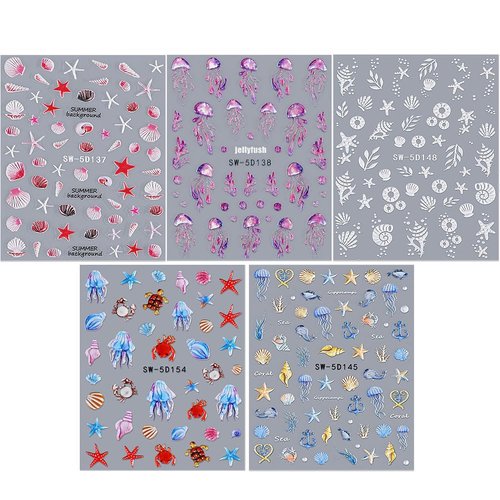 5D Embossed Ocean Nail Stickers Summer Nail Decals Shell Starfish Jellyfish Nail Sticker Nails Stickers Sea Animals Nail Art Stickers Beach Nail Stickers for Nail Art Supplies Ocean Stickers for Nails