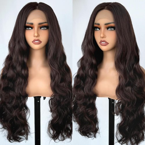 SOKU 13x6 Body Wave Lace Front Wigs Synthetic 28 Inch Natural Wave Wigs with Baby Hair Brown Lace Frontal Wigs Pre Plucked Free Part HD Transparent Lace Wigs for Women Girls Daily