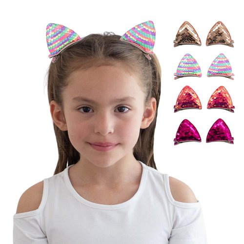 Summer Crystal 4 Pairs Sequins Cat Ears Kitty Ears Hair Clips - For Girls and Women - Stylish Hair Accessory for Birthdays, Costumes, Halloween, Holidays, and Parties (4 Pairs CHMV)