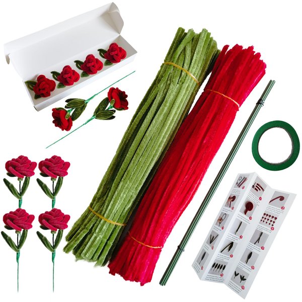 AHUIFT 200 Rose Pipe Cleaner Flowers Kit DIY Art Flower Bouquet Craft Set Red and Green Chenille Stems Fuzzy Wire with Floral Wires and Floral Tape