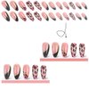 French Tip Press on Nails Medium Almond Fake Nails Gold Line with Leopard Print Design Pink False Nails Acrylic Full Cover Artificial Nails Glossy on Nails Stick on Nails for Women Manicure Art 24Pcs
