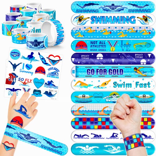 Generic 48 Swimming 24PCS Swimming Temporary Tattoos Sticker 24PCS Slap Bracelets Perfect for Themed Birthday Baby Showers or Classroom Rewards Ideal Decor and Gifts for Girls and Boy