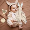 LUCOI Organic Cotton Baby Gift Set - 4-Piece Muslin Bunny Lovey Security Blanket, Teether Ring, Bandana Bib & Wooden Announcement Card - Gender Neutral Newborn Gifts, Welcome Baby Box, Baby Loveys