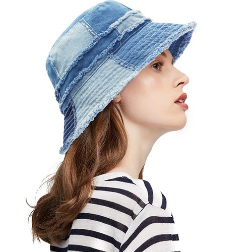 GuanGu Ripped Denim Bucket Hats for Women Washed Packable Summer Beach Sun Hats Mens Bucket Hat for Travel(Classic Denim S/M)