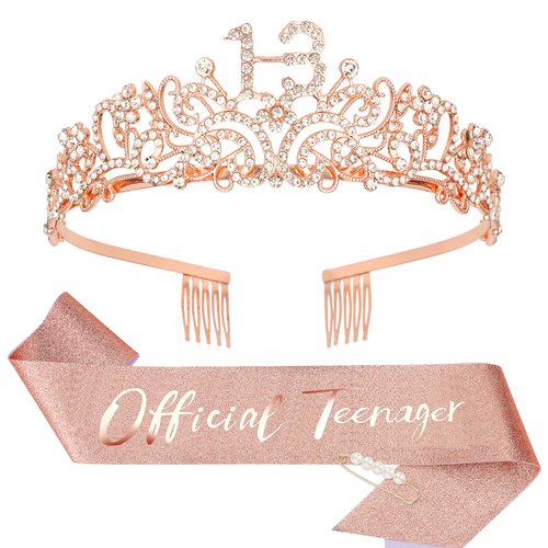 CIEHER 13th Birthday Crown & Official Teenager Birthday Sash & Pearl Pin Set, 13 Birthday Tiara, 13th Birthday Gifts for Teen Girls, 13th Birthday Decorations for Girls, Teen Girl Gifts