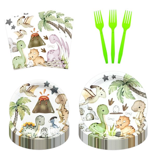 zczsosomo 108 Pcs Dinosaur Party Supplies Dinosaur Theme Birthday Party Decoration Includes Plates Napkins and Forks Tableware Set for Boys Kids Birthday, Serves 27 Guests