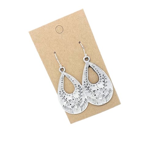 Antique Silver Floral Stamp Teardrop on Sterling Silver Earrings Boho Women Handmade Sundance Dreams Designs