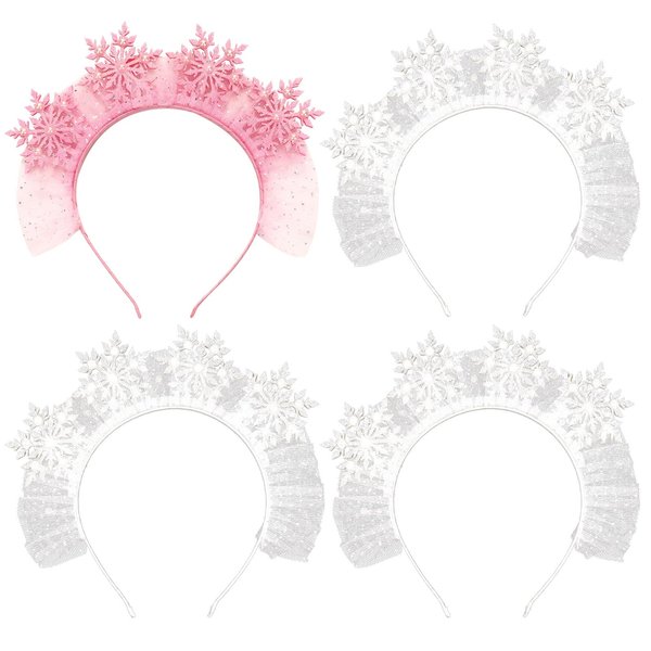 Serencatcher 4Pcs Winter Snowflake Headbands Pink, Winter Glitter Headband for Women Christmas Costume Hair Accessories Hair Hoop Crown Winter Theme Birthday Party Decorations