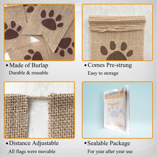 Uniwish Dog Paw Print Banner Puppy Animal Theme Birthday Party Decorations, Rustic Burlap Bunting Pet Party Supplies Garland Photo Props