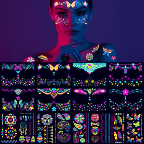 MotiMind 16 Sheets Glow in the Dark Temporary Tattoos Body Face Fake Waterproof Tattoo Stickers UV Neon Glow in the Dark Tattoo for Women Men Festival Party Supplies Decorations Rave Accessories