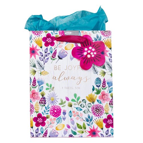 Christian Art Gifts Gift Bag/Tissue Paper Set Be Joyful Always 1 Thessalonians 5:16 Bible Verse, Pink/Purple Floral, Medium