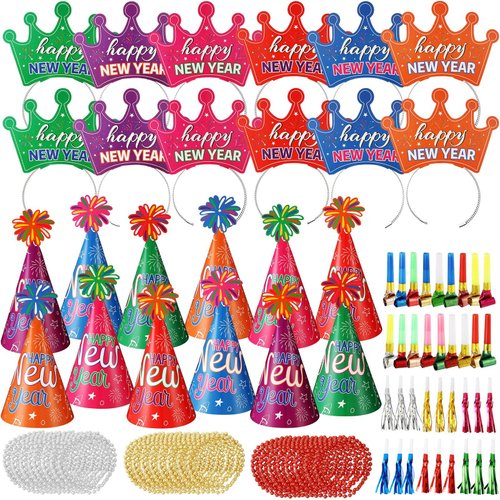 84Pcs New Year’s Eve Party Supplies for 24 Guests Colorful Wearables Noisemakers 2025 Happy New Year Party Decoration Include Cone Hats Tiaras Beaded Necklace Tassel Squawkers Great Party Favors