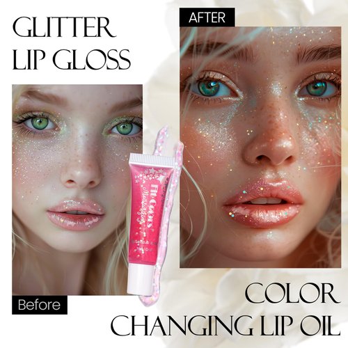 DAGEDA 3PCS Glitter Lip Gloss, Non-Sticky Color Changing Lip Oil, Moisturizing Shiny Lip Glow Oil, Natural High-Shine Shimmer Lip Gloss, Nourishing Sparkly Lip Gloss for Lip Care, Classic Set