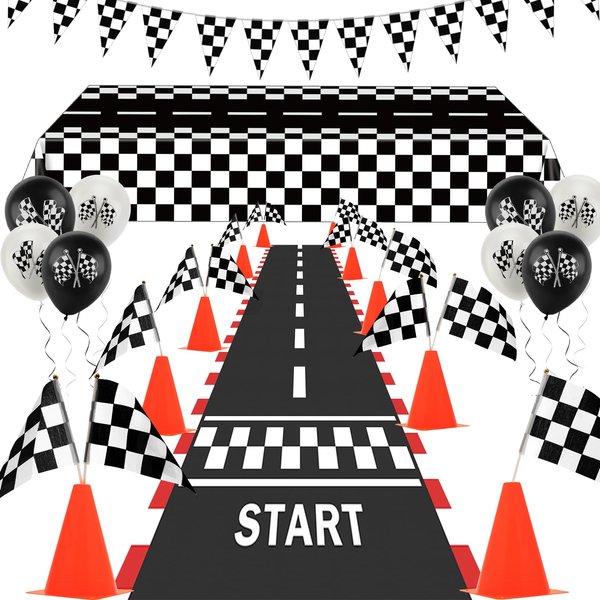 Race Car Party Decorations, AHIER 61 Pcs Set-12 Traffic Cones and 24 Racing Checkered Flags, 6.5Ft Racetrack Floor Runner and 9.8ft Checkered Race Track Banner, Tablecloth, Balloons and Ribbons