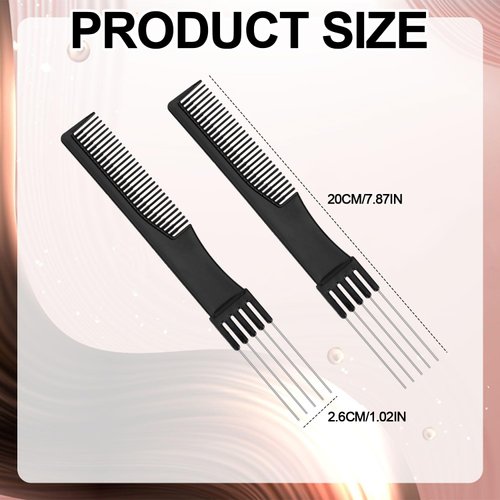 2pcs Black Metal Prong Pick Combs Parting for Women, Double-Head Parting Teasing Comb with Metal Pick Fork Comb Tool Hair Picking Comb for Hair Styling Salon Fine Hair Thick Thin Hair