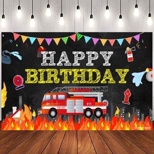 Fire Happy Birthday Photography Backdrop, Fire Truck Theme Indoor Outdoor Birthday Party Decorati...