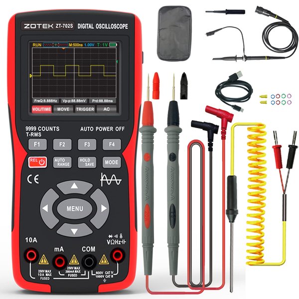 ZOTEK ZT-702S 2 in 1 Handheld Digital Automotive Oscilloscope Multimeter, Diode Tester,multimeter auto rangin48MSa/s High Sampling Rate，Amp Ohm Volt Meter Tester、Voltage/Current Test