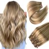 Clip in Hair Extensions, Golden Blonde with Light Blonde Highlights Remy Hair Extensions Clip in Real Human Hair 7 Pcs 70G Clip in Extensions 18 Inch Double Wefts Hair Clip ins for Fine Hair Women