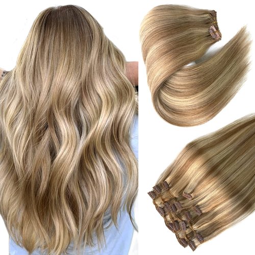Clip in Hair Extensions, Golden Blonde with Light Blonde Highlights Remy Hair Extensions Clip in Real Human Hair 7 Pcs 70G Clip in Extensions 18 Inch Double Wefts Hair Clip ins for Fine Hair Women