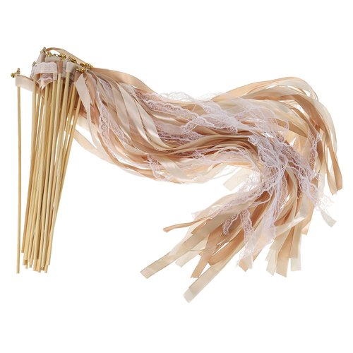 PATIKIL Ribbon Sticks Fairy Wands, 50 Pack Lace Silk Fairy Stick Wand Send Off Streamers for Wedding Party Birthday Holiday Celebration, Beige