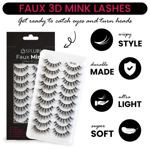 False Eyelashes - 10-Pack Mink Lashes - Wispy Lashes – Natural Looking Dramatic 3D Effect Fake Lashes – Fake Eyelashes Kit – Lightweight False Lashes - Faux Cat Eye Lashes - Lash Strips - By SPLURJ