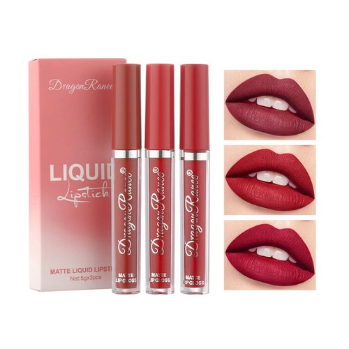 3 Colors Matte Liquid Lipstick Sets , Matte liquid Long-Lasting Wear Non-Stick Cup Not Fade Waterproof Lip Gloss Lip Stain for Makeup Collection - Nourishing Lipstick with a Matte Finish (Dark red)