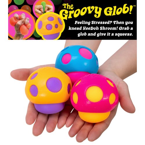 Schylling Groovy Shroom NeeDoh...Groovy Glob Mushrooms! Squishy, Squeezy, Popping, Stretchy Stress Fidget Mushrooms Complete Gift Set Party Bundle with Storage Bag - 3 Pack