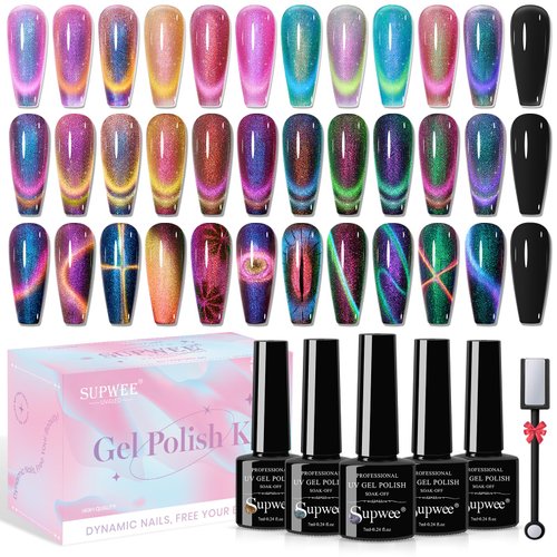 SUPWEE 12 Colors Cat Eye Gel Polish with Magnetic Stick, Chameleon Magnetic Gel Polish Kit Trible Colors Effect Galaxy Cateyes Nail Polish Gel Collection Home DIY Manicure for Women Girl