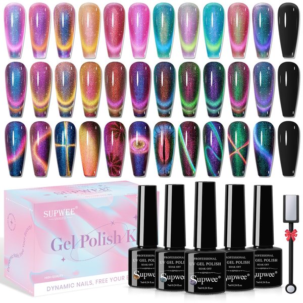 SUPWEE 12 Colors Cat Eye Gel Polish with Magnetic Stick, Chameleon Magnetic Gel Polish Kit Trible Colors Effect Galaxy Cateyes Nail Polish Gel Collection Home DIY Manicure for Women Girl