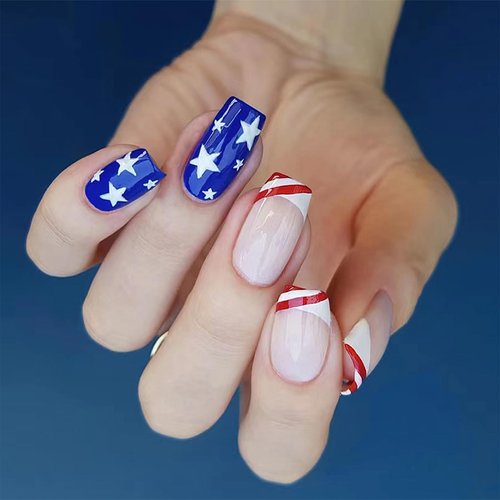 ZASKHLD 4th of July Press on Nails Medium Square Fake Nails Glossy American Flag French Tip Design Independence Day Coffin False Nails Blue Red Star Glue on Nails for Women Patriotic Nail Decor 24Pcs