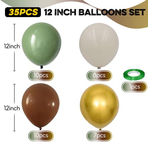 Sage Green and Brown Balloons Set, 12 Inch Green Gold Balloons Nude Coffee Brown Latex Balloons Green Beige Balloons for Jungle Safari Woodland Party Outdoor Birthday Garden Party Decoration