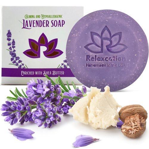 Natural Lavender Soap Bar with Essential Lavender Oil and Organic Shea Butter, Organic Olive Oil, Organic Coconut Oil - Calming and Hypoallergeniс Natural Cold Process Soap - Handmade in USA