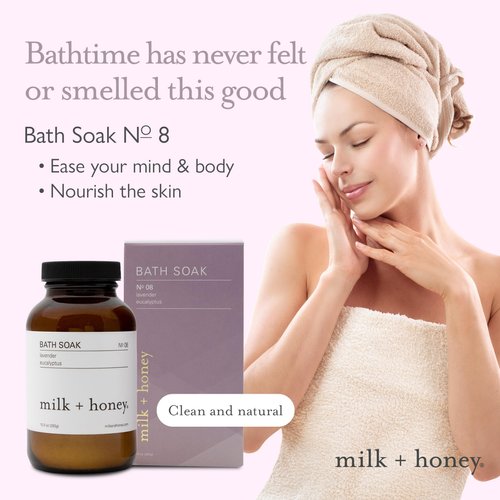 milk + honey Calming Bath Soak No. 8, Moisturizing Epsom Salt Bath Soak with Lavender and Eucalyptus Oils, Soothing and Relaxing Bath Soak, 10 oz