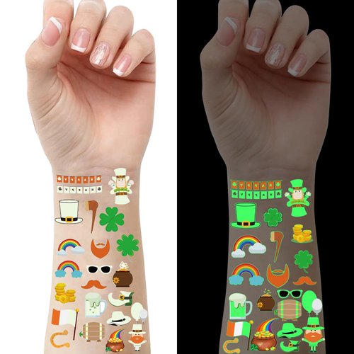 St. Patricks Day Luminous Tattoo Stickers for Kids,10 Sheets Waterproof Temporary Face Tattoo Sticker, Saint Patrick's Day Decorations for Party Supplies, Irish Shamrock Mixed Styles Glow Accessories