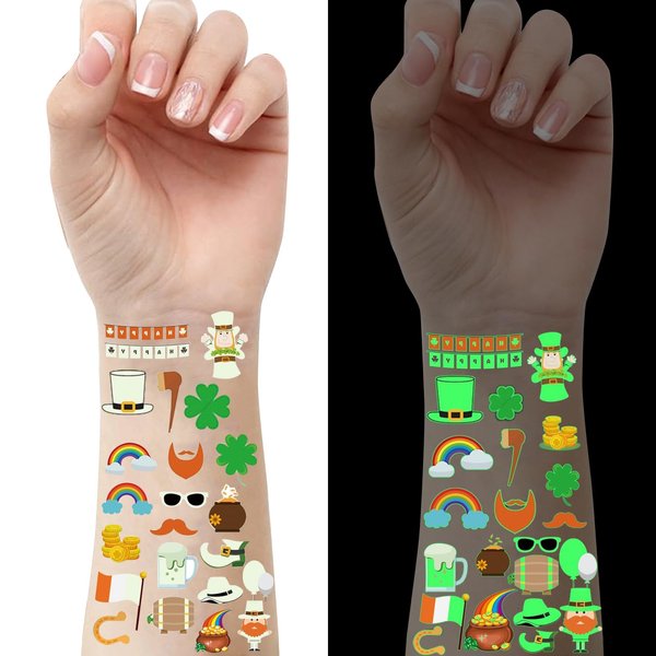 St. Patricks Day Luminous Tattoo Stickers for Kids,10 Sheets Waterproof Temporary Face Tattoo Sticker, Saint Patrick's Day Decorations for Party Supplies, Irish Shamrock Mixed Styles Glow Accessories