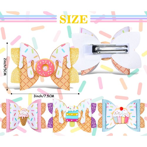 Whaline 4Pcs Glitter Bow Hair Clips Cupcake Donut Ice Cream Hair Bow Barrette Summer Colorful Leather Hairgrips Sparkly Alligator Clips for Kids Hair Accessories Birthday Party Back to School Supplies