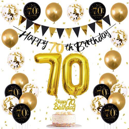 Jobkoo 70th Birthday Decorations Men, Black Gold 70th Birthday Party Decoration Women Golden Black 70th Birthday Balloons 70th Cake Topper Happy 70 Birthday Banner for 70 Year Old Birthday Supplies