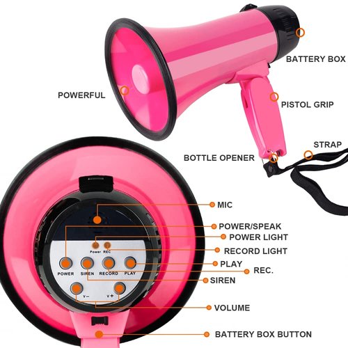 Sugar home Portable Megaphone Bullhorn 20 Watt Power Megaphone Speaker Voice and Siren/Alarm Modes with Volume Control and Strap (Pink)